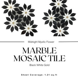 Tenedos TELD-MFW-12x12 Midnight Mystic Nero Black with White Marble Flower w/Gold Metal Mosaic Wall Floor Tile Backsplash for Kitchen, Bathroom Shower, Accent Decor, Fireplace (1 Sheet)