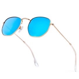 KALIYADI Sunglasses for Women and Men, Polarized Square UV Protection, Trendy Metal Frame Hexagon Sunglasses (Gold Frame Blue Lens)