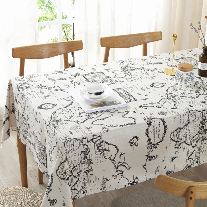 LOONELO World Map Cotton Linen Tablecloth,Antique Map Printed Tablecloth,Washable Retro