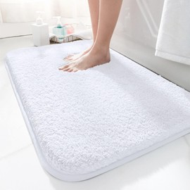LUOJINYI Bath Mat, 40 x 60 cm, Non-Slip, Soft Water-Absorbent, Shaggy High Pile Microfibre Mat for Bathroom, Machine Washable for Bath, Shower and Bathroom (White)