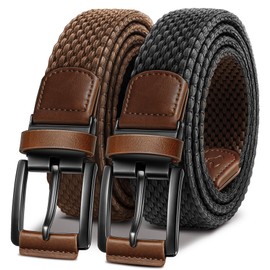 Men Belt Rerversible-BULLIANT Golf Belt Stretch Braided for Gift Men 1 3/8"-2 In 1 Belt(Black/Light Brown,32"-36"Waist Adjustable)