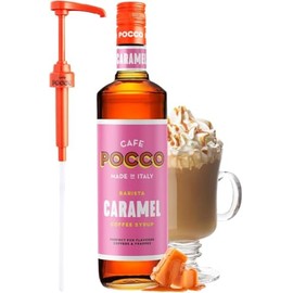 Cafe Pocco Premium Caramel Coffee Syrup with Pump - Gluten Free and Vegan Syrup, Ideal for Lattes, Cappuccinos, Espresso, Americano - Glass Bottle 750ml (Pack of 1)