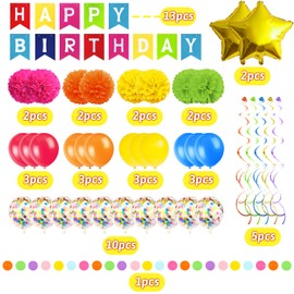 Recosis Multicolor Birthday Decorations, Happy Birthday Banner Paper Pompoms Confetti Balloons Hanging Garland Swirl Streamers for Boys and Gilrs Birthday Decor Party Decorations