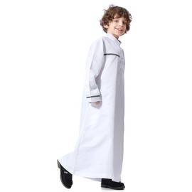 IDOPIP Muslim Thobe Islamic Thobe for Boys Kids Long Sleeve Button Down Arabic Kaftan Robe Suit Middle East Loose Full Length Cover Prayer Thobes Dress Modest Clothes with Pockets White 7-8 Years