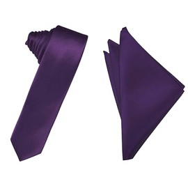 Oliver George 2.75" Skinny Slim Solid Color Necktie and Handkerchief Narrow Tie Set For Men Dark Purple