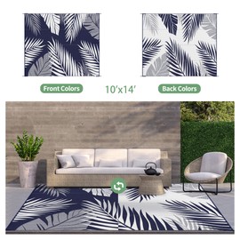GENIMO Outdoor Rug 10' x 14' Waterproof for Patios Clearance, Reversible Outdoor Plastic Straw Camping Rug Carpet, Large Area Rugs Mats for RV, Camper, Deck, Balcony, Porch, Beach, Navy Blue&White