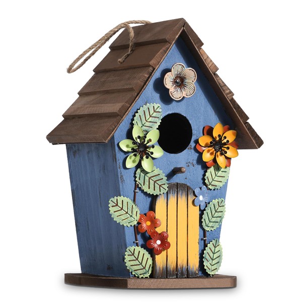 JAZUIHA Hanging Decorative Bird House, Blue with Flower and Leaf