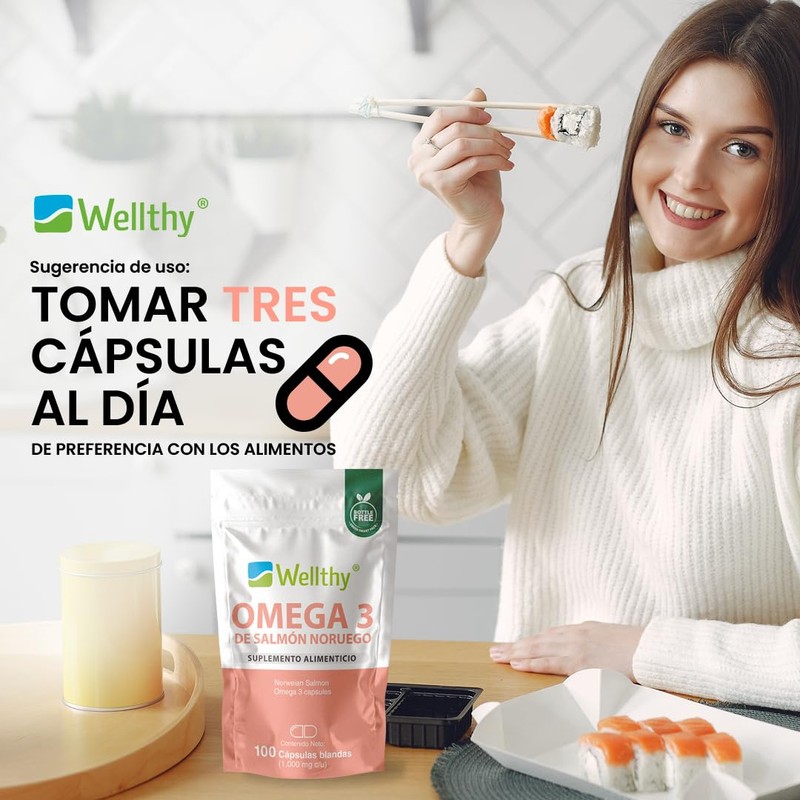 Wellthy Omega 3 Salmón Noruego 100 Cápsulas. Certificado y Garantizado,