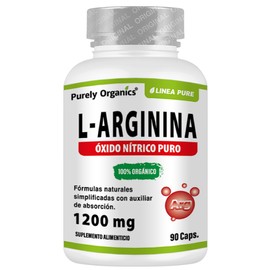 L Arginina, precursor de óxido nítrico, potente vasodilatador puro, post y pre entrenador. 1200 mg, Línea Pure, con Bioperine, absorción mejorada. Purely Organics, 90 cápsulas.