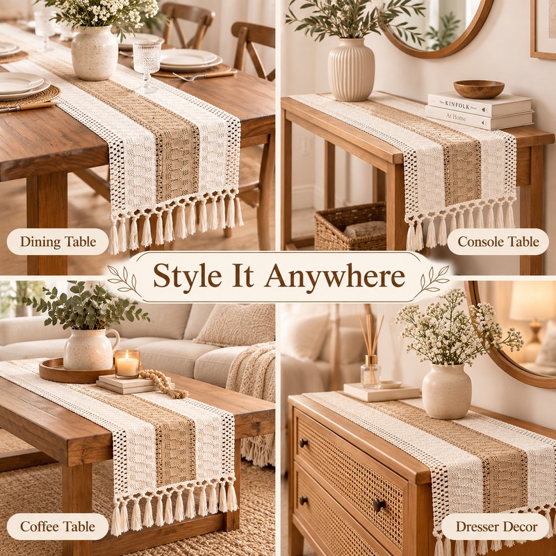 Boho Table Runner for Dining Room Decor – Cream &