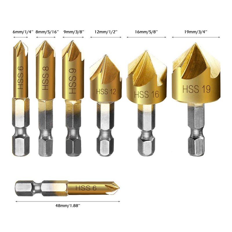 Beenle-Icey 6-Piece Countersink Set Hexagonal Countersink Drill Bit 90° Angle