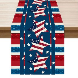 XCHI Patriotic Stripes Stars Pentagram America 4th of July Memorial Day Independence Day Table Runner Decoration for Home Kitchen Holiday Party 13x36 Inch