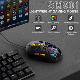SOLAKAKA SM901 Gaming Mouse,13800DPI RGB Mouse with Programmable Buttons,53g Lightweight Wired Mouses for Gamer,Black