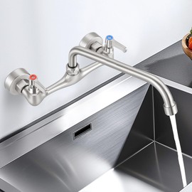 FGKQ Wall Mounted Kitchen Faucets, Kitchen Faucet with 12 Inch Goose Neck, Commercial Kitchen Sink Faucets with 360 Degree Spout, Adjustable Install Distance, Brushed Nickel