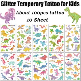 Children's Tattoo, 10 Sheets Glitter Dinosaur Temporary Tattoo Set, Waterproof Skin-Friendly Tattoo for Girls and Boys, Birthday Party Decoration Accessories for Children's Birthday Party Bags