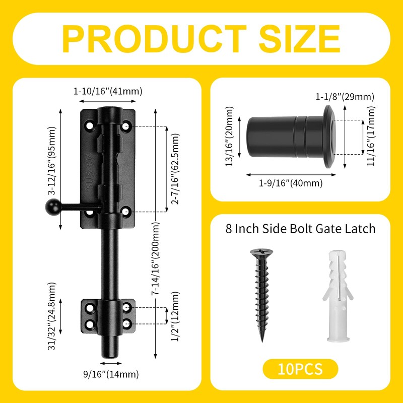 8 Inch Heavy Duty Gate Latch, 304 Stainless Steel Slide