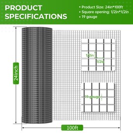Potnet Galvanized After Welding Hardware Cloth 1/2 inch 24 x 100 ft 19 Gauge, Double-Layer Rust-Proof Design, Easy to Bend and Durable, Chicken Wire Mesh Tree Guard Rodent Wire