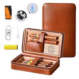 WANTHER Leather Cigar Case, Travel Humidor Holds 6 Cigars, Brown Cedar Wood Box with Cigar Cutter, Humidifier, Lighter & Towel, Portable Cigar Holder for Men, Office & Travel Gift Set, Ideal for Home