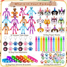 Mishopy 110 Pcs Dog Party Favors set Paw Print Party Supplies With Pop Tubes Keychain Mask Bubble Wand Rubber Bracelet Sticker, Birthday Gift Classroom Reward Goodie Bag Stuffer For Kids Boys Girls