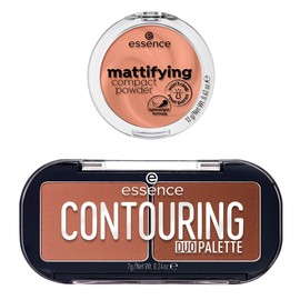 essence - Pack 2 en 1: Polvos Compactos Matificantes Soft Beige (12 g) + Paleta Contouring Duo Darker Skin (7 g), Acabado Mate, Fijación y Definición Profesional