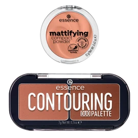 essence - Pack 2 en 1: Polvos Compactos Matificantes Soft Beige (12 g) + Paleta Contouring Duo Darker Skin (7 g), Acabado Mate, Fijación y Definición Profesional