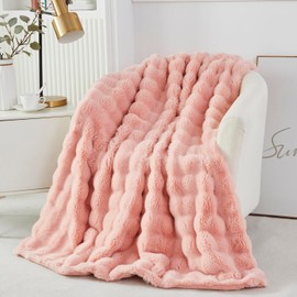 YOU SA Decorative Soft Fuzzy Faux Fur Throw Blanket for Couch Sofa 63''x79'', Reversible Plush Warm Fluffy Blanket for Bed Chair,Cute Cozy Thick Bubble Furry Blanket for Girls Women,Blush Pink