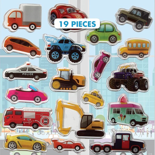 Cars Trucks & Construction Gel Window Clings for Kids - Window Stickers for Toddlers, Monster Truck Gel Clings, Window Decals Kids Jelly Reusable Sticker - Car Plane Airplane Activities (Jesplay USA)