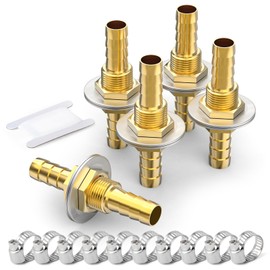 GASHER 5PCS Brass Hose Barb Thru-Bulk Bulkhead Fitting 6mm to 6mm Barb Hose, Straight Hex Union Fitting with 10PCS Hose Clamp