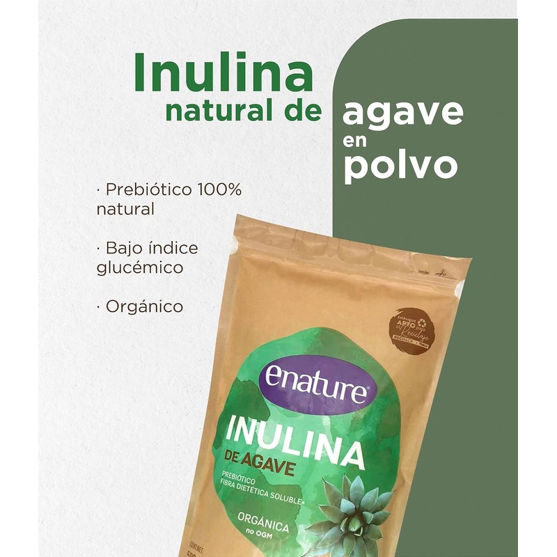 Enature Inulina de Agave Orgánico, Sabor Natural, 500 g