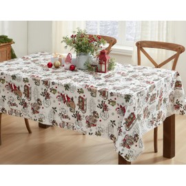 Newbridge Vintage Nostalgia Home for Holidays Print Flannel Back Vinyl Christmas Tablecloth - Vintage Santa Claus, Snowman and Sleigh Xmas Wipe Clean Easy Care Tablecloth, 60” x 120” Oblong/Rectangle