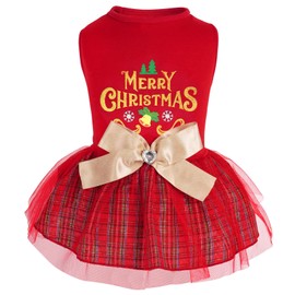 cyeollo Dog Dress Plaid Christmas Holiday Theme Girl Dog Clothes with Bowtie Doggie Outfits Festival Dog Dresses for Small Dogs
