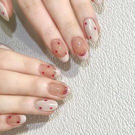 Short Press on Nails Oval Fake Nails with Red Bow Stars Designs Gray French Tip Glue on Nails Press ons Nude Translucent False Nails Spring Acrylic Glossy Artificial Stick on Nails for Women 24Pcs