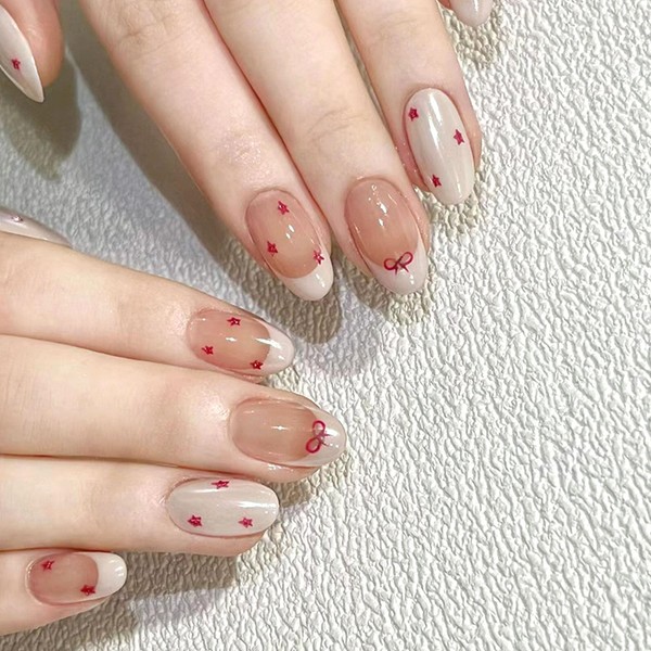 Short Press on Nails Oval Fake Nails with Red Bow
