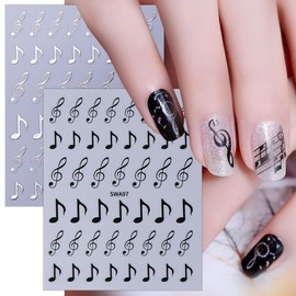 6 Sheets Musical Note Nail Art Stickers Gold Silver Black Piano Notes Nail Decals 3D Self-Adhesive Music Nail Supplies Note Nail Stickers for Women Girls DIY Manicure Nail Decoration