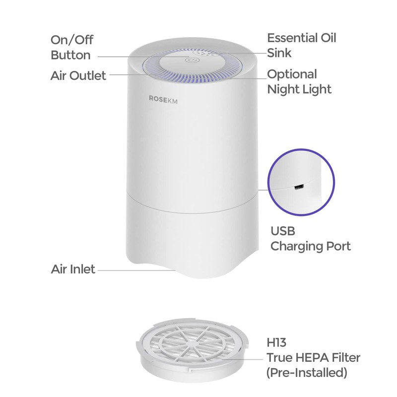 Rosekm Small Air Purifier for Home Bedroom, Personal Desk Mini