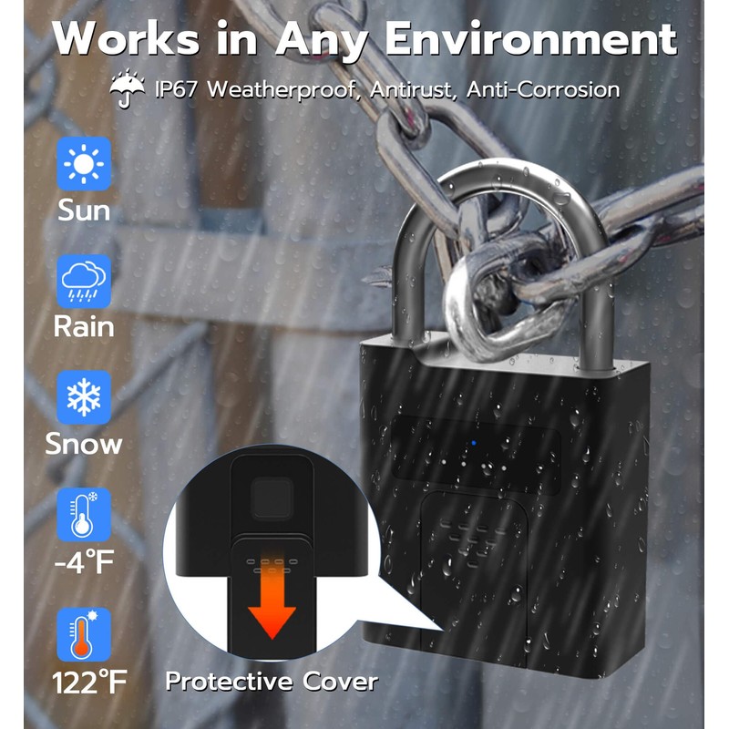 eLinkSmart Fingerprint Padlock with Key Backup, Heavy Duty Weatherproof Bluetooth