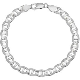 Sterling Silver Mens Bracelet - 6.5MM, 8MM, 9MM Flat Mariner Link Chain - Thick Silver Link Bracelets for Men