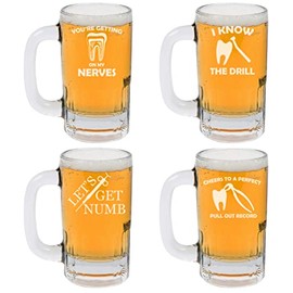 12oz Beer Mug Stein Glass Dental Dentist Collection 2 Funny Gift Set of 4
