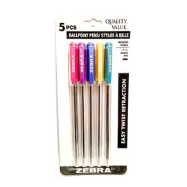 Zebra 5 PCS Ballpoint Pens - Medium Point 1.0mm - Black Ink - Easy Twist Retraction