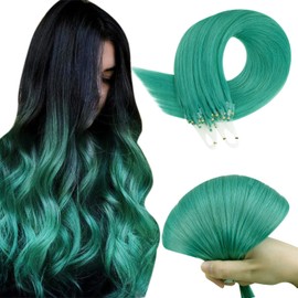 RUNATURE Teal Micro Beads Real Human Hair Extensions Micro Loop Hair Extensions Straight Micro Ring Human Hair Extensions Teal 22 Inch 25g 25 Strands