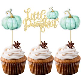 Ephlyn 24Pcs Little Pumpkin Cupcake Toppers Glitter Baby Shower Pumpkin Cupcake Picks for Thanksgiving Day Theme Birthday Thanksgiving Party Decorations Supplies Gold Blue