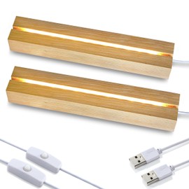 ZEERSHEE 2 Pcs 9.4 Inch Wooden Rectangle LED Light Display Pedestal for Acrylic and Plexiglass Crystal Glass Resin Night LED Light Lamp Base with USB Switch(Warm Light)