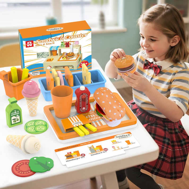 WOODMAM Foldable Wooden Kids Play Food Toys Sandwich Counter with