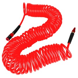 EADUTY Heavy Duty Polyurethane Recoil Air Hose 1/4 in x 50 ft, Lightweight, Flexible Compressor Hose with Universal Quick Coupler, I/M Plug and Bend Restrictors, Red