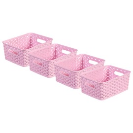 Curver My Style Rattan Effect Set of 4 Kitchen, Living room, Bathroom, Bedroom, Utility Small Rectangular Storage Baskets 4 Litres - Pink
