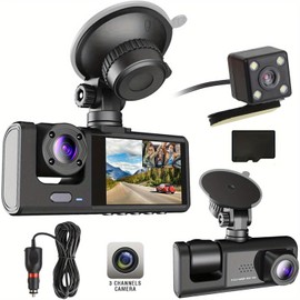 LAMJAD 3 Channel Dash Cam,Dual Dash Camera for Car Front and Inside,1080P Video Recorder, Plug and Play,Night Vision, DVR Vehicle & Dash Cam with 2 Inch Screen,Car Accessory (32GB)