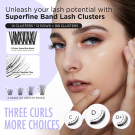 BEYELIAN Cluster Lashes, D Curl Individual Lashes, 168 Pcs Cluster Eyelash Extensions 0.07mm 10-16mm Mixed DIY Lash Clusters Reusable Super Thin Black Band Eyelashes at Home (Twin Flowers)