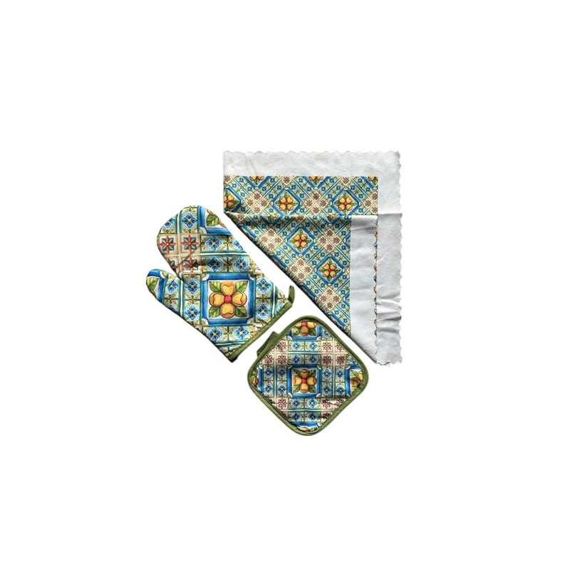 Sicilian Kitchen Set, Oven Glove, Pot Holder and Tea Towel
