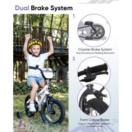 KRIDDO 14-16 Inch Kids Bike for Ages 3–8, Boys and Girls Bicycle with Removable Training Wheels, Bicycle for Kids with Hand Brake & Coaster Brake, Adjustable Height, DIY Name Plate, 16 Inch White