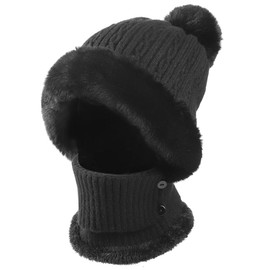 XGOPTS 3 In 1 Women Furry Knitted Hat Circle Scarf Mask Set Winter Thick Fleece Lined Knitted Scarf Pom Pom Beanie Hat Windproof Warm Knitted Cap Neck Warmer Set for Outdoor Sports